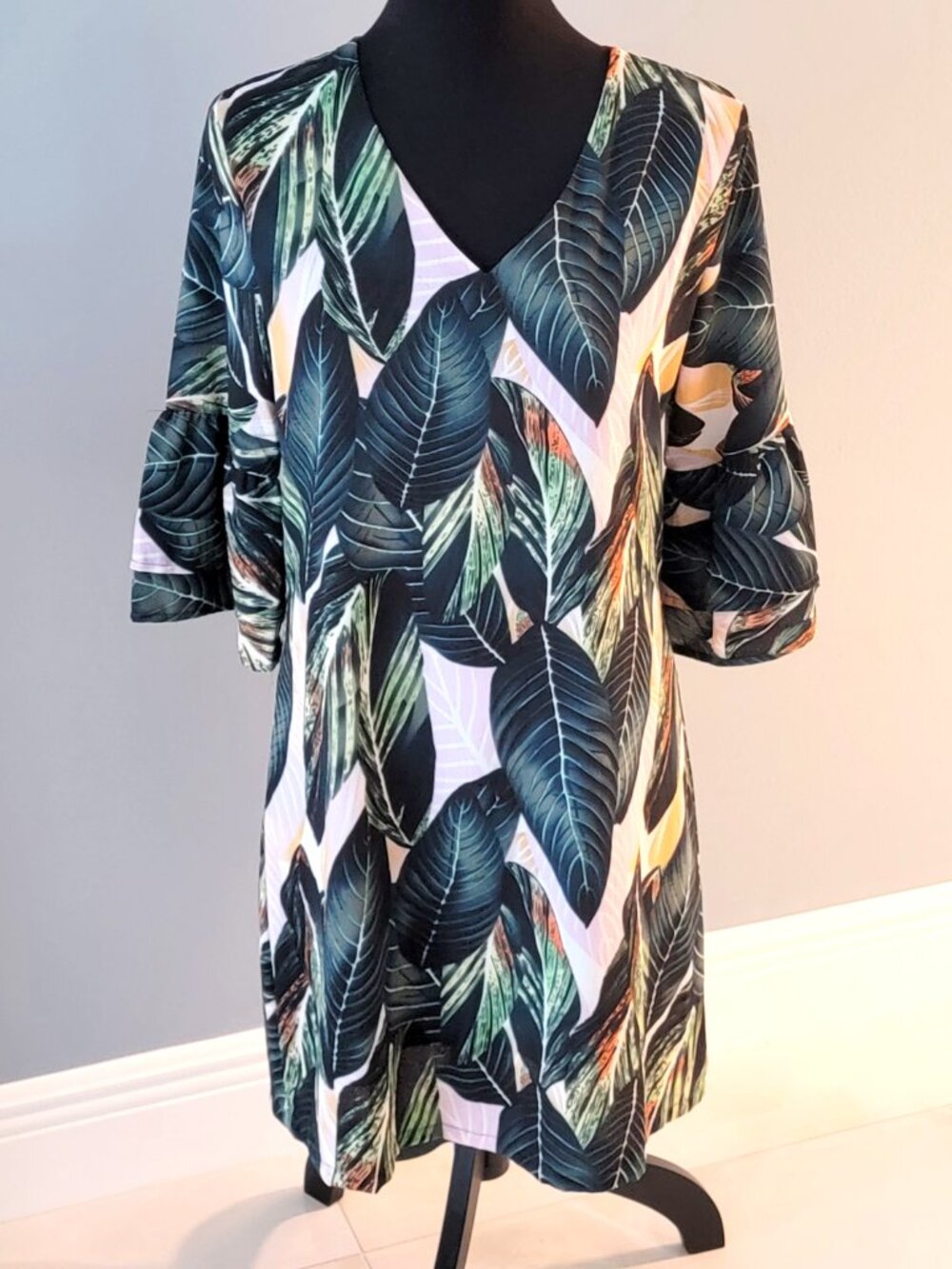 Belongsci Tropical Bohemian Shift Mini Dress Lined Bell Sleeves Small Last Chanc